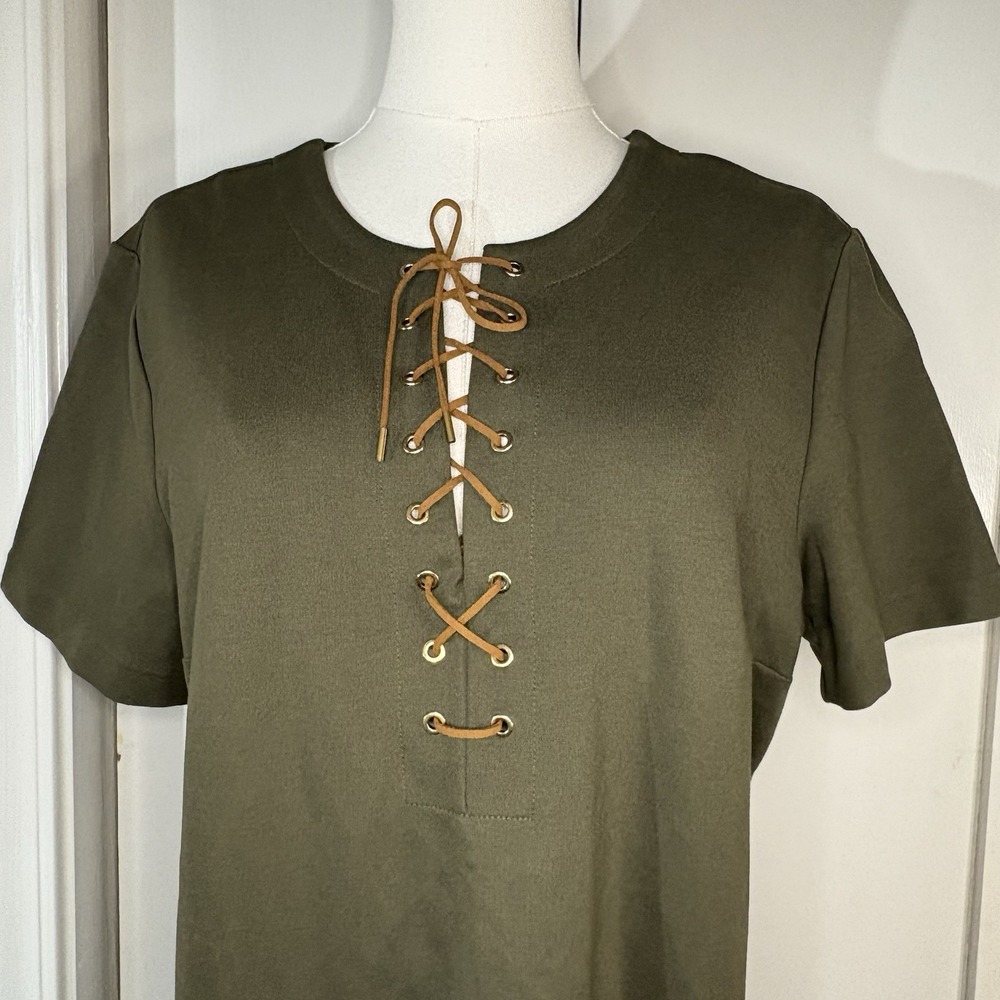 LAUREN RALPH LAUREN WOMENS DRESS SZ LARGE OLIVE SHORT SLEEVE LACE UP ACCENT - Picture 7 of 9